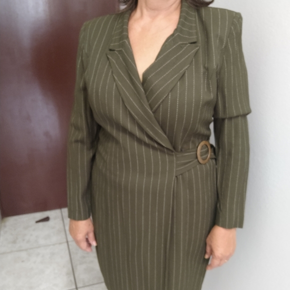 Vintage 90s pinstripe office wrap dress - Picture 4 of 5